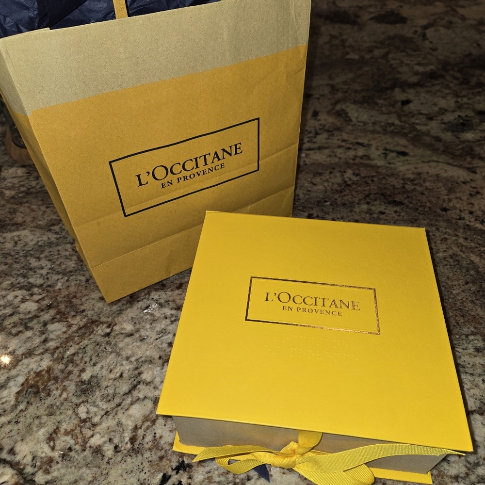 L'Occitane box, tissue, and gift bag
